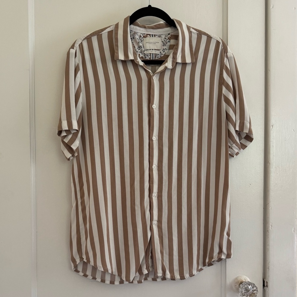 5/$25 Denim & Flower Tan and White Striped Button Down Shirt